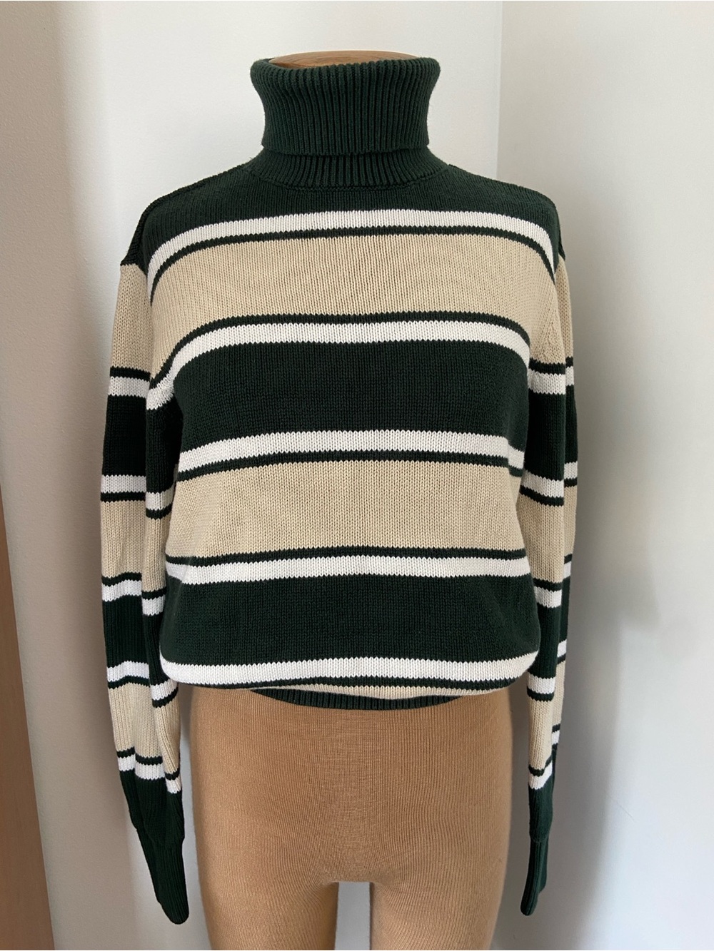 TNA Aritzia Striped Turtleneck Sweater in Forest Green, Cream & White